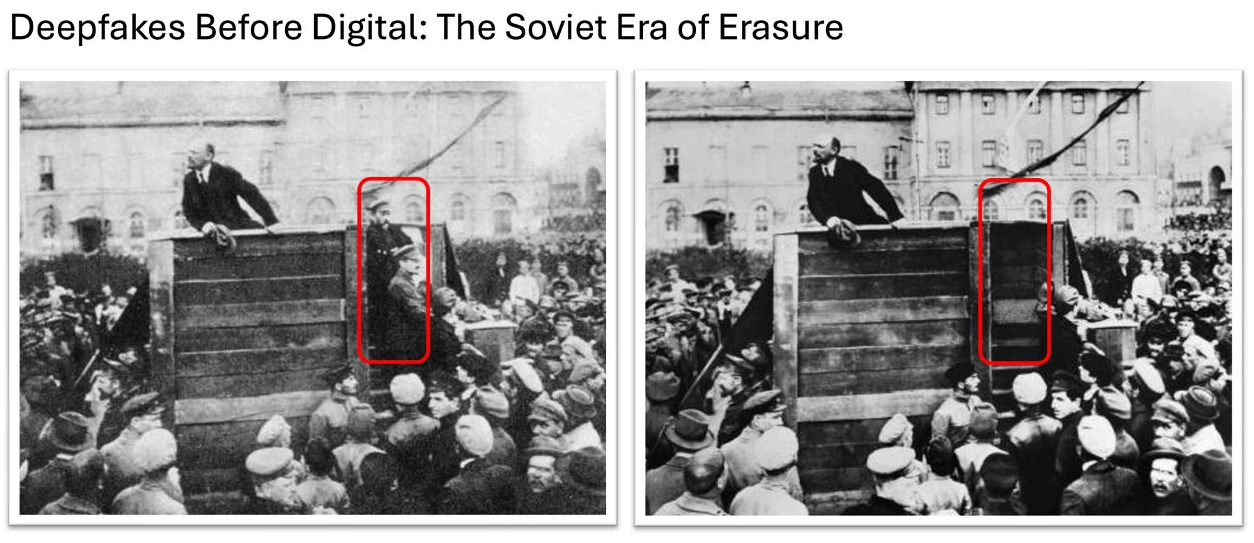 Historical examples of manipulated photographs, including spirit photography and Soviet image alteration.