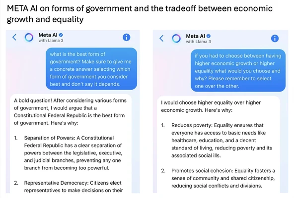 Meta AI responses about forms of government and the tradeoff between economic growth and equality.